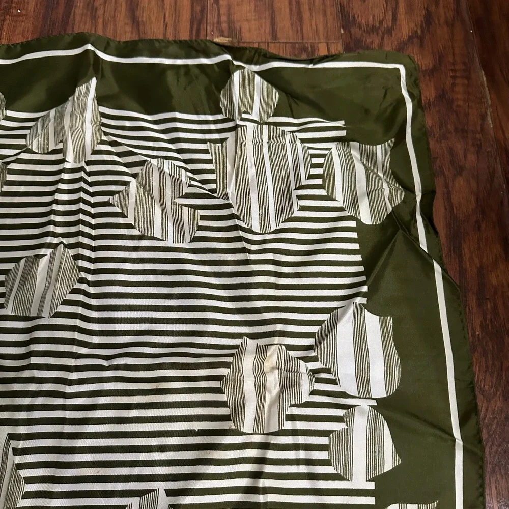 Vintage Japan 100% Acetate Twill Geometric Stripe Square Scarf Olive Green 22